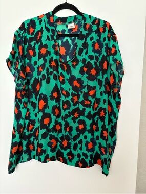 Cabi Green Leopard-Print Tunic with Black and Orange Spots